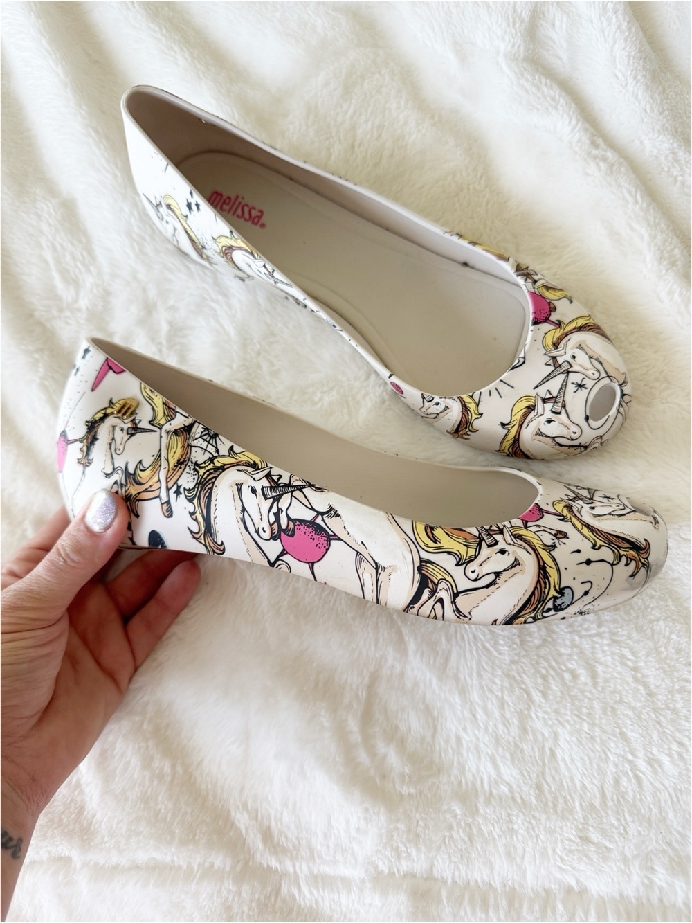 Melissa fantasy ultra girl Unicorn print white open toe Ballet flats size 9
